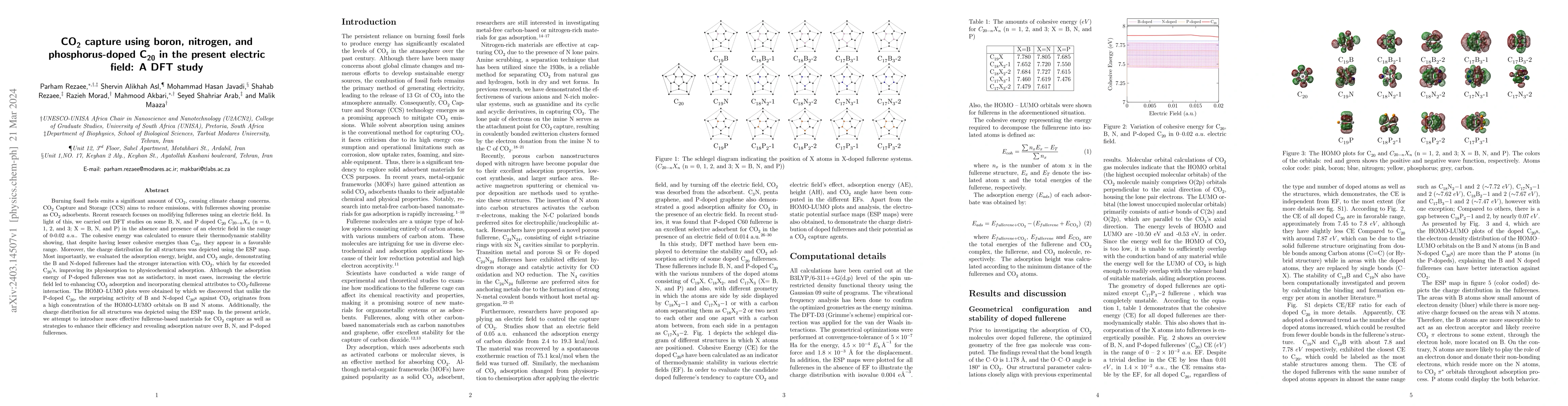 Thumbnail for CO2 capture using boron, nitrogen, and phosphorus-doped C20 in the
  present electric field: A DFT study