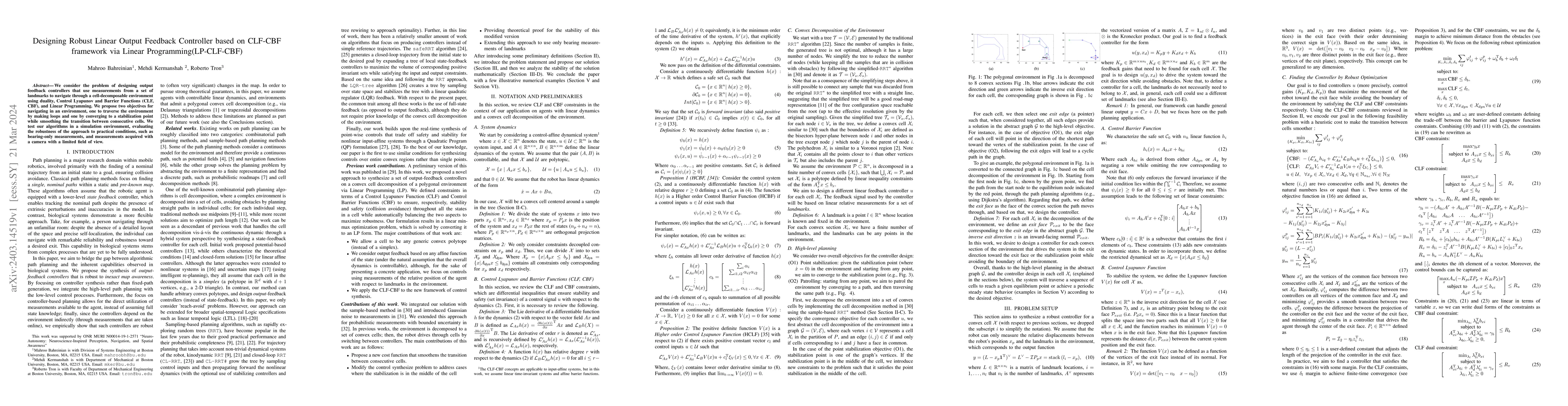 Thumbnail for Designing Robust Linear Output Feedback Controller based on CLF-CBF
  framework via Linear~Programming(LP-CLF-CBF)