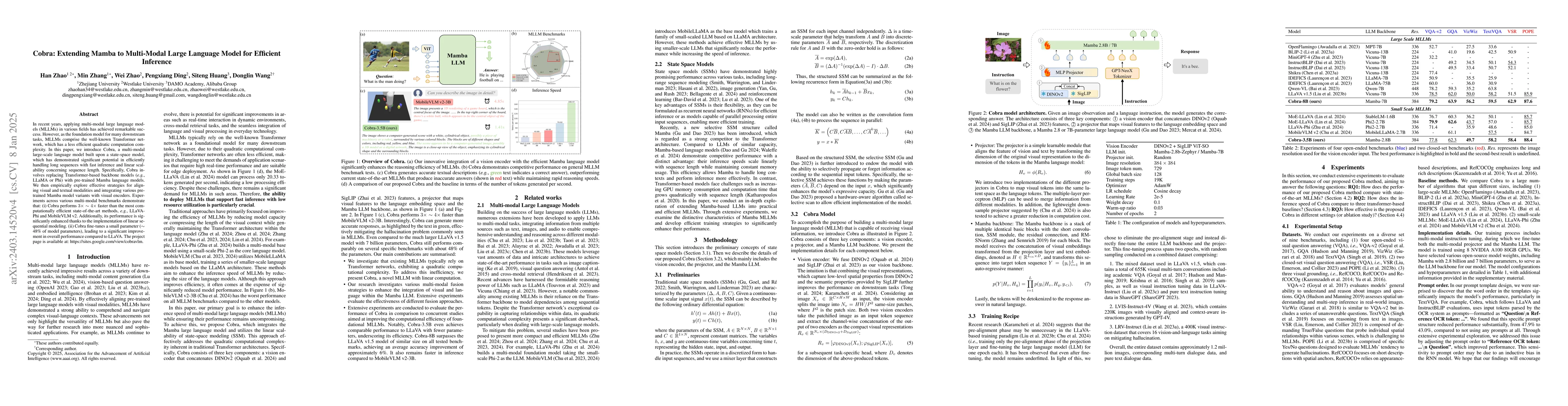 Thumbnail for Cobra: Extending Mamba to Multi-Modal Large Language Model for Efficient
  Inference