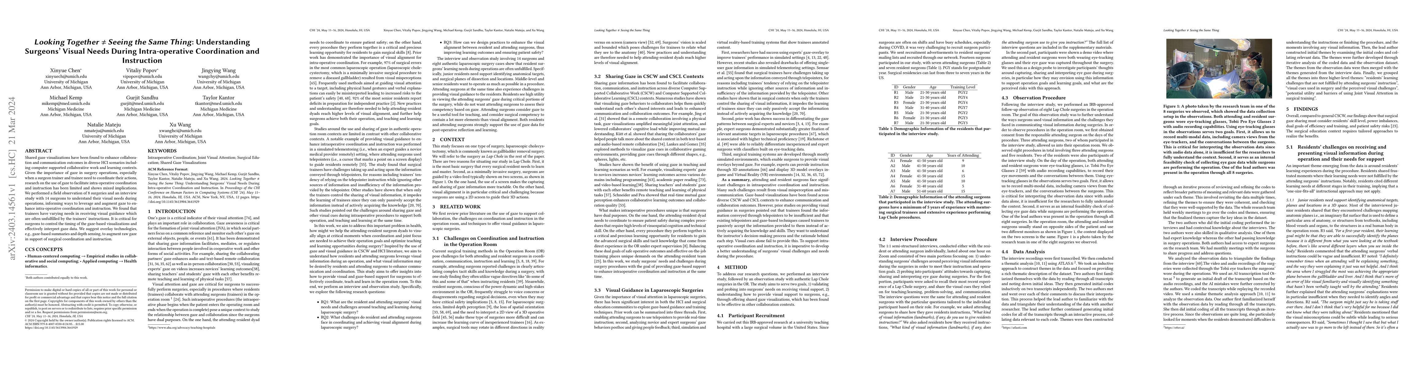 Thumbnail for Looking Together $\neq$ Seeing the Same Thing: Understanding Surgeons'
  Visual Needs During Intra-operative Coordination and Instruction