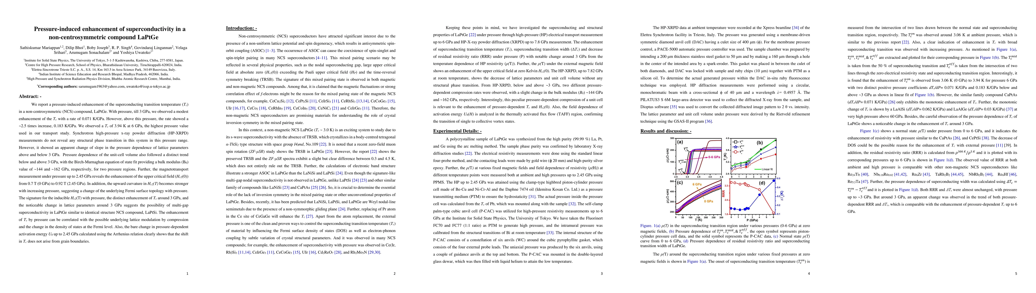 Thumbnail for Pressure-induced enhancement of superconductivity in a
  non-centrosymmetric compound LaPtGe