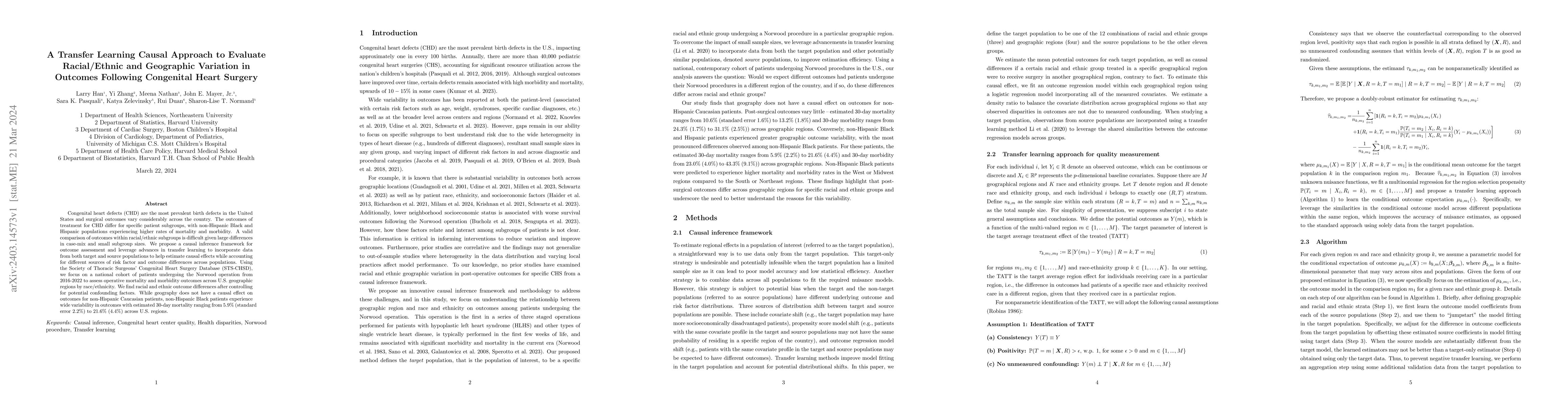 Thumbnail for A Transfer Learning Causal Approach to Evaluate Racial/Ethnic and
  Geographic Variation in Outcomes Following Congenital Heart Surgery