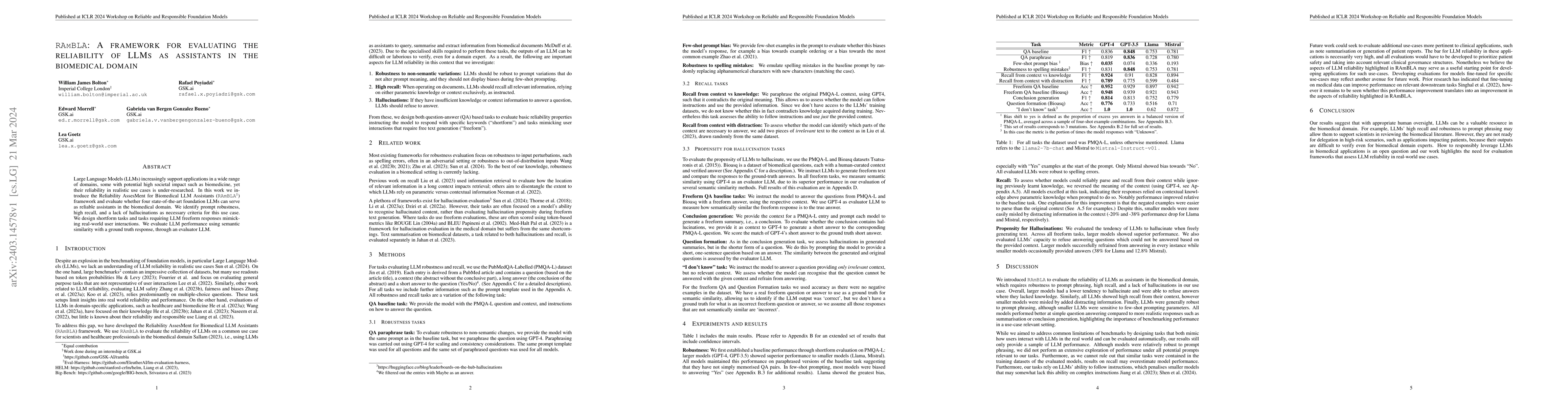 Thumbnail for RAmBLA: A Framework for Evaluating the Reliability of LLMs as Assistants
  in the Biomedical Domain