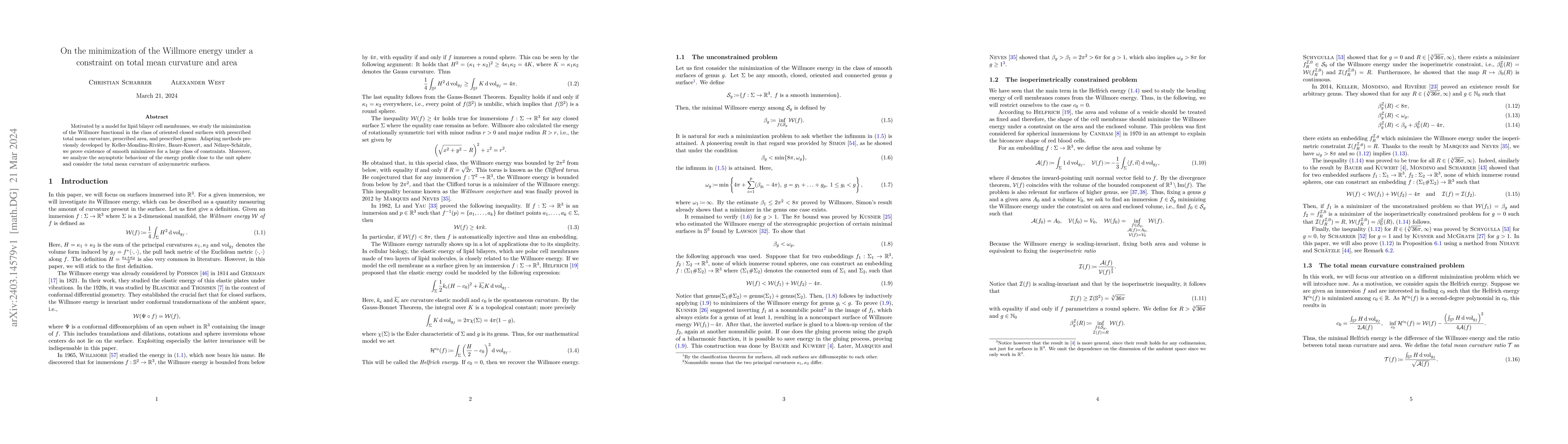 Thumbnail for On the minimization of the Willmore energy under a constraint on total
  mean curvature and area