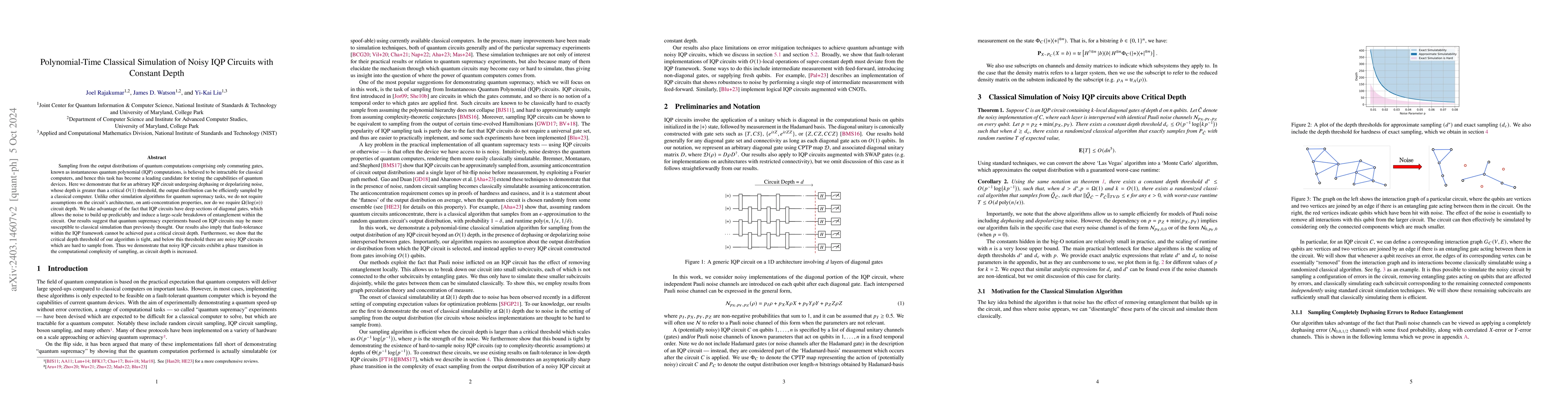 Thumbnail for Polynomial-Time Classical Simulation of Noisy IQP Circuits with Constant
  Depth