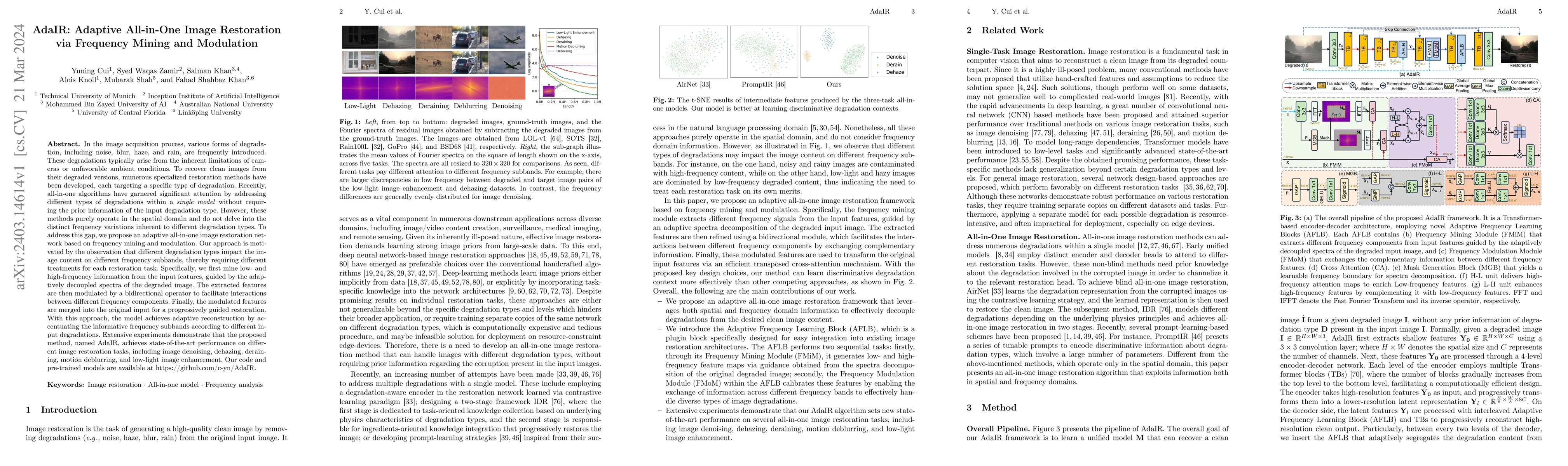 Thumbnail for AdaIR: Adaptive All-in-One Image Restoration via Frequency Mining and
  Modulation