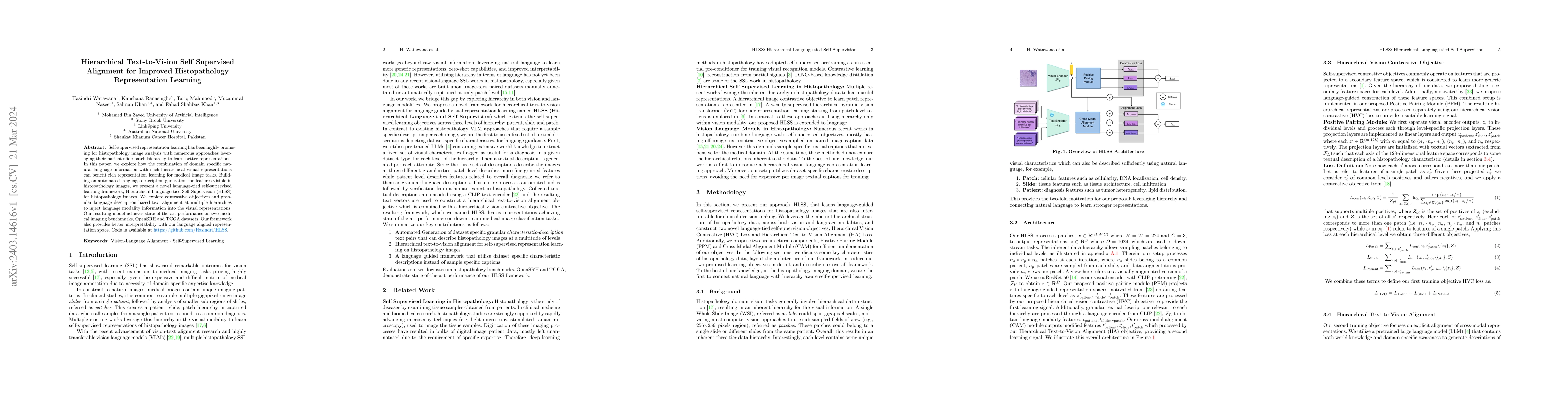 Thumbnail for Hierarchical Text-to-Vision Self Supervised Alignment for Improved
  Histopathology Representation Learning