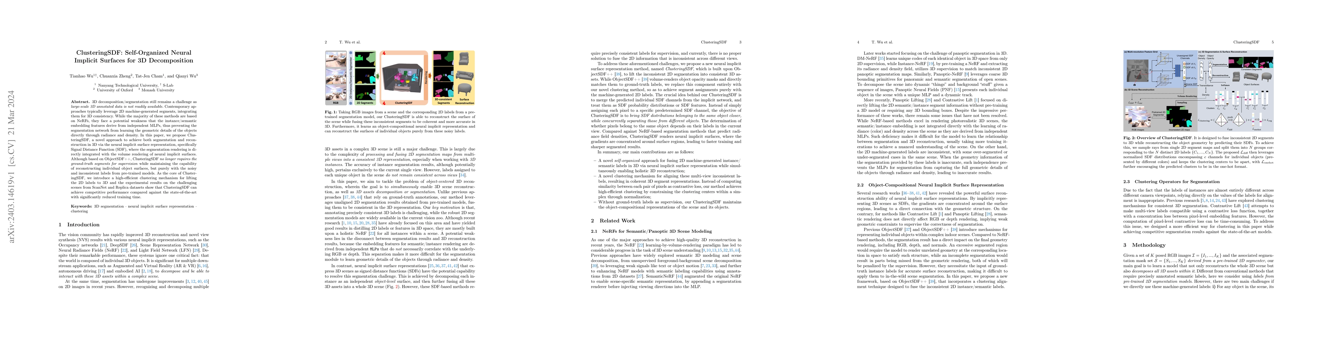 Thumbnail for ClusteringSDF: Self-Organized Neural Implicit Surfaces for 3D
  Decomposition