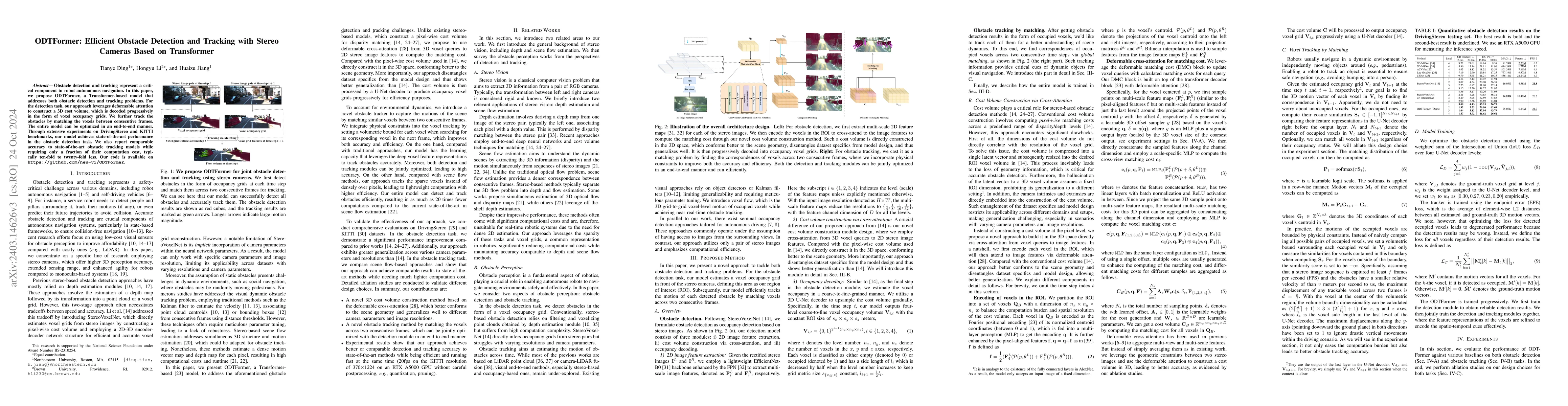 Thumbnail for ODTFormer: Efficient Obstacle Detection and Tracking with Stereo Cameras
  Based on Transformer