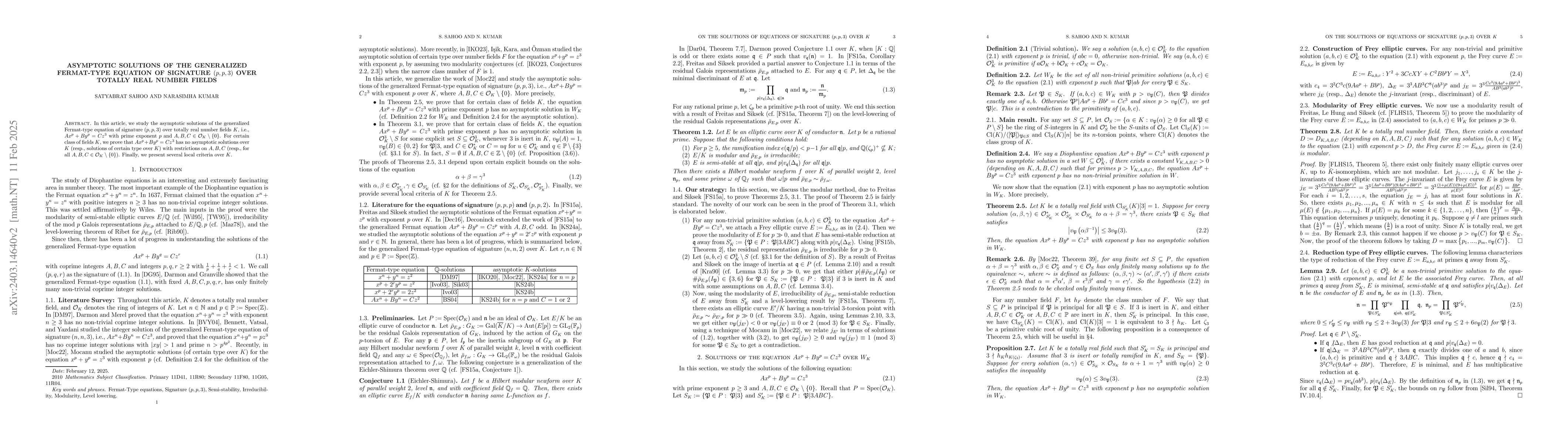 Thumbnail for Asymptotic solutions of generalized Fermat-type equation of signature
  $(p,p,3)$ over totally real number fields