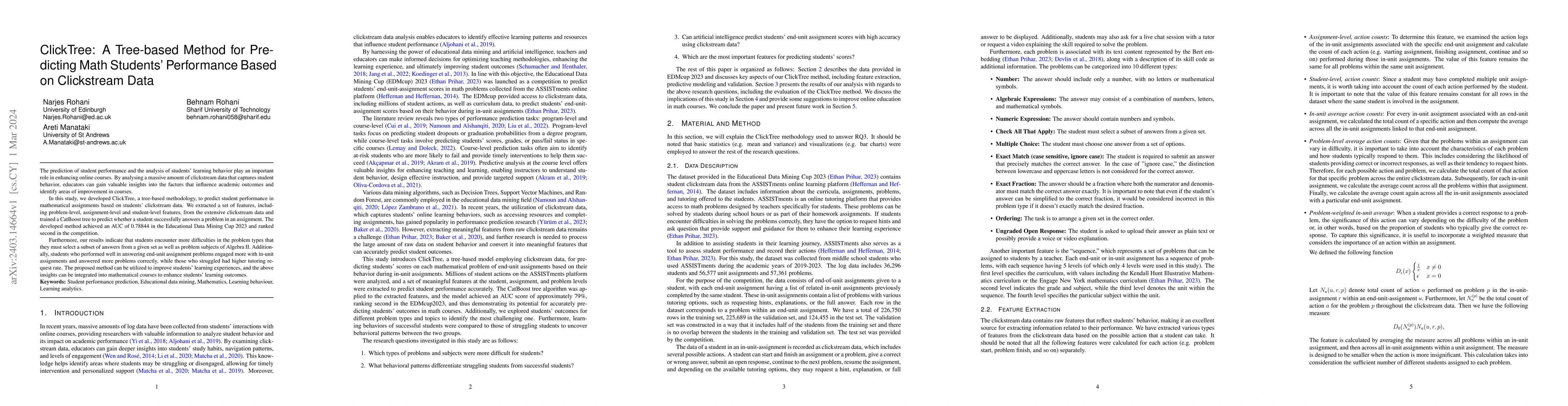 Thumbnail for ClickTree: A Tree-based Method for Predicting Math Students' Performance
  Based on Clickstream Data