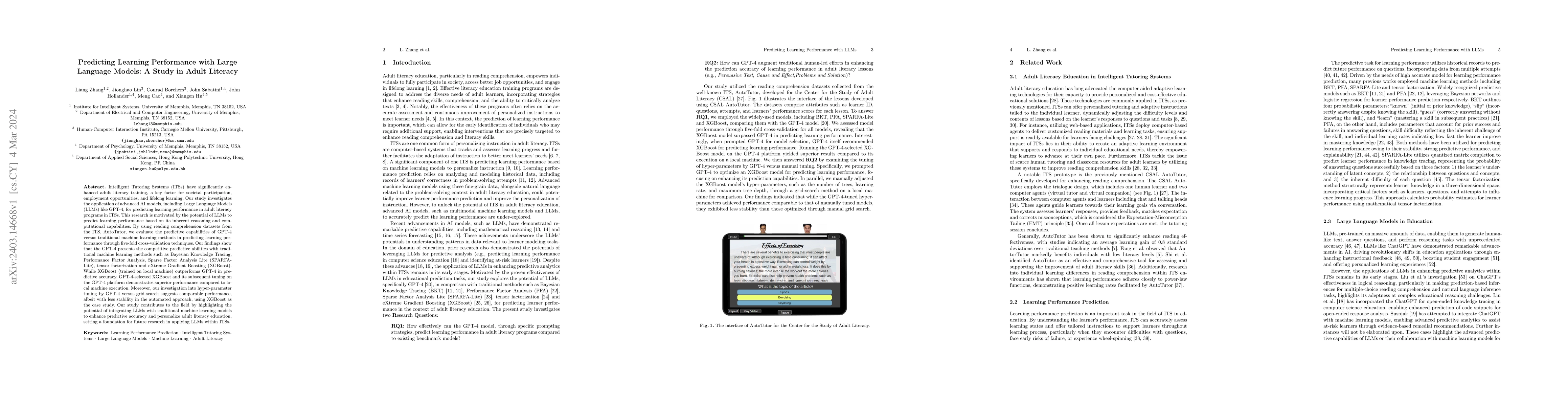 Thumbnail for Predicting Learning Performance with Large Language Models: A Study in
  Adult Literacy