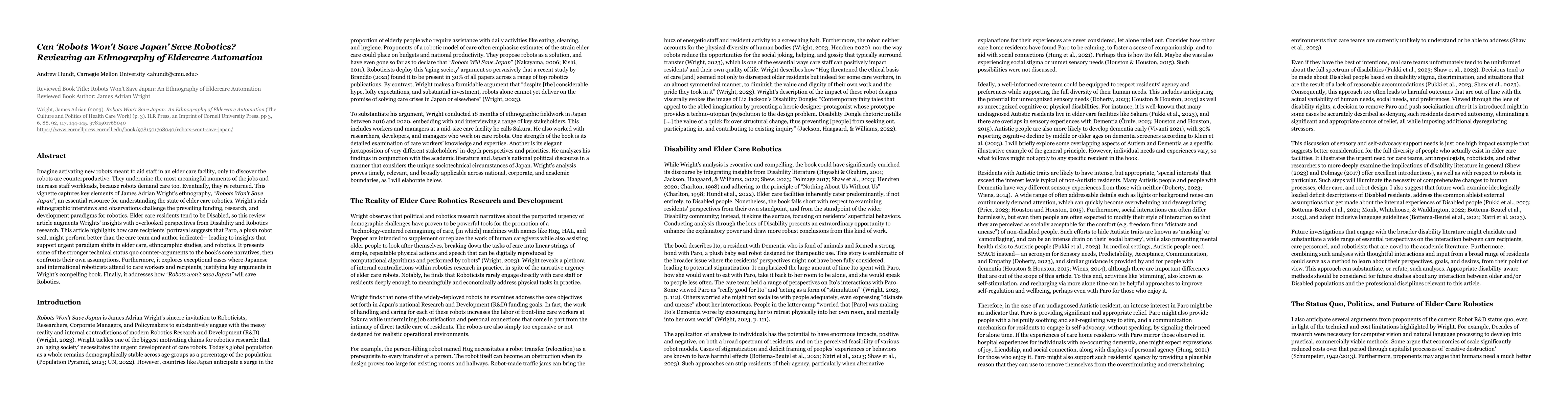 Thumbnail for Can 'Robots Won't Save Japan' Save Robotics? Reviewing an Ethnography of
  Eldercare Automation