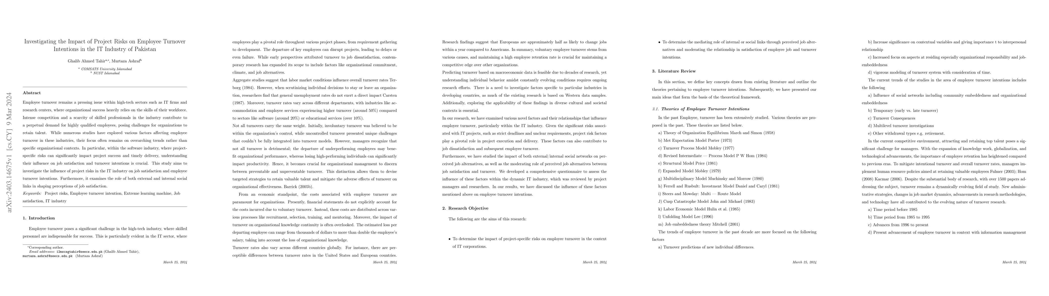 Thumbnail for Investigating the Impact of Project Risks on Employee Turnover
  Intentions in the IT Industry of Pakistan