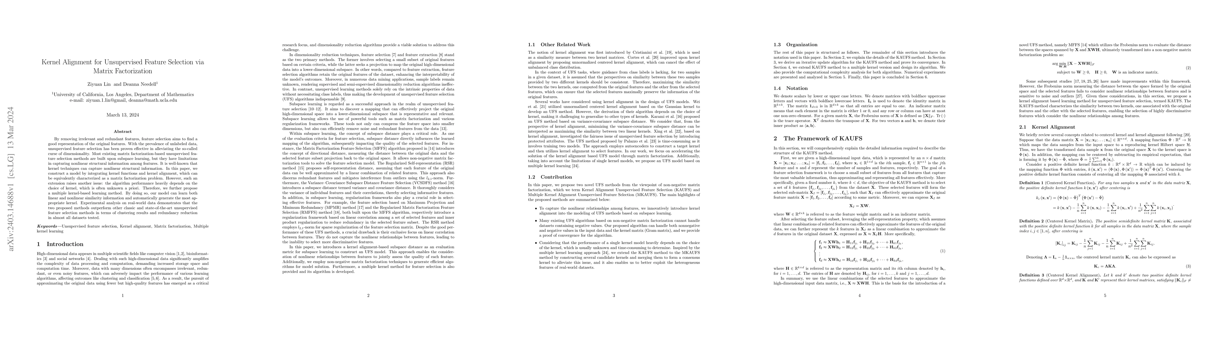 Thumbnail for Kernel Alignment for Unsupervised Feature Selection via Matrix
  Factorization