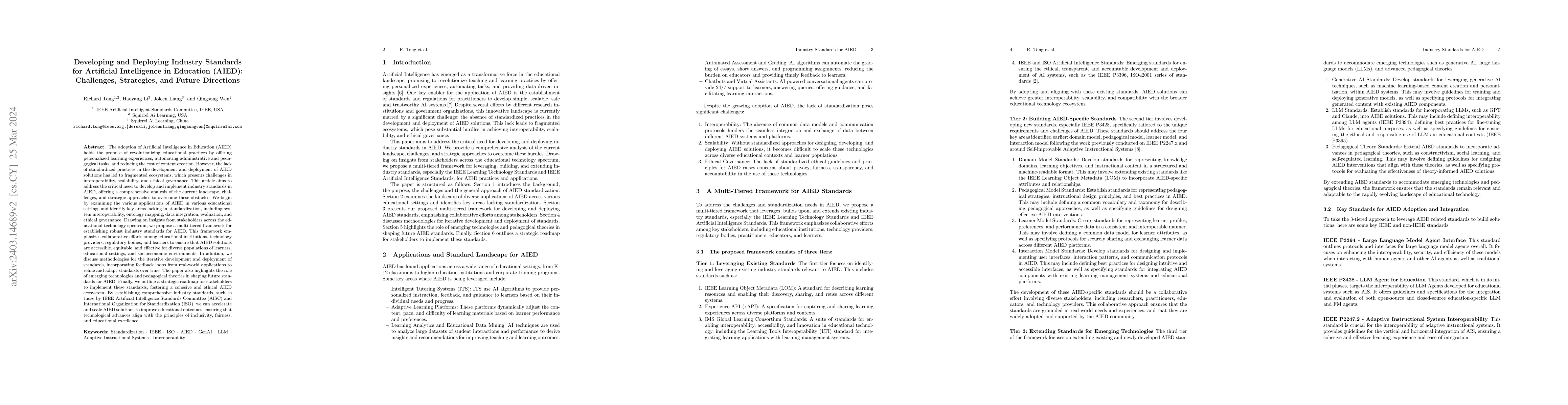 Thumbnail for Developing and Deploying Industry Standards for Artificial Intelligence
  in Education (AIED): Challenges, Strategies, and Future Directions