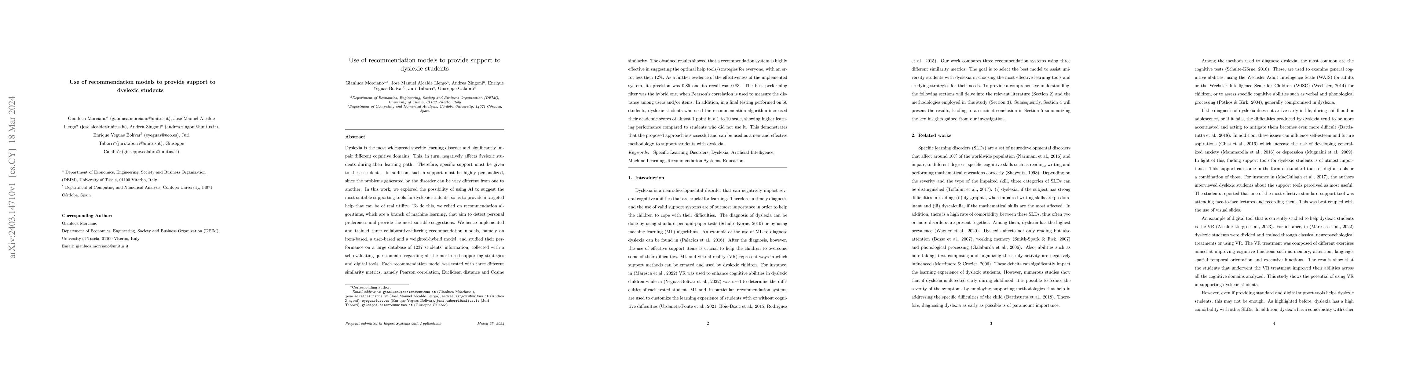 Thumbnail for Use of recommendation models to provide support to dyslexic students
