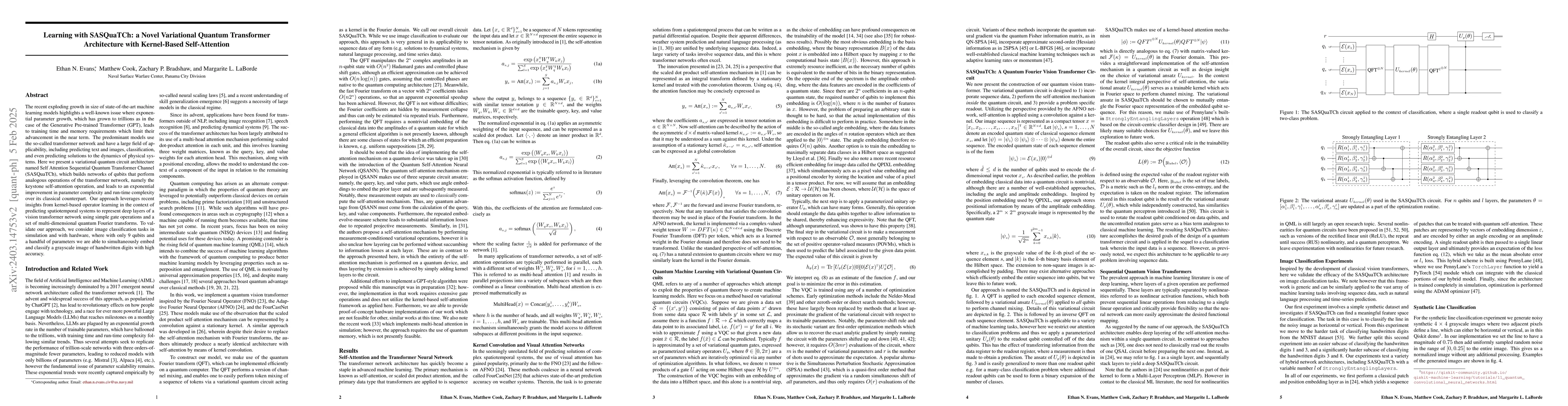 Thumbnail for Learning with SASQuaTCh: a Novel Variational Quantum Transformer
  Architecture with Kernel-Based Self-Attention