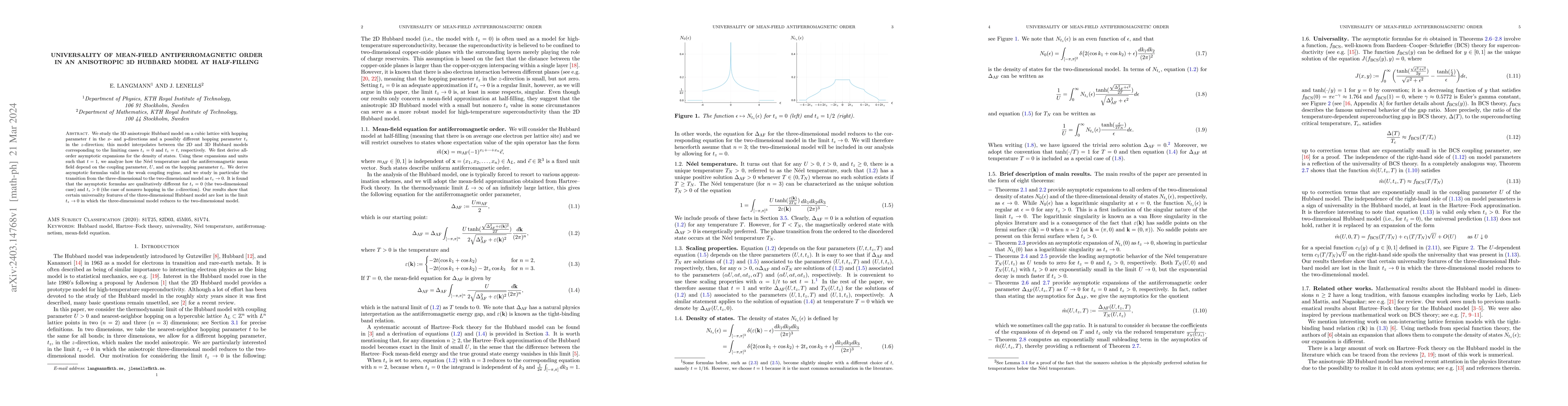 Thumbnail for Universality of mean-field antiferromagnetic order in an anisotropic 3D
  Hubbard model at half-filling