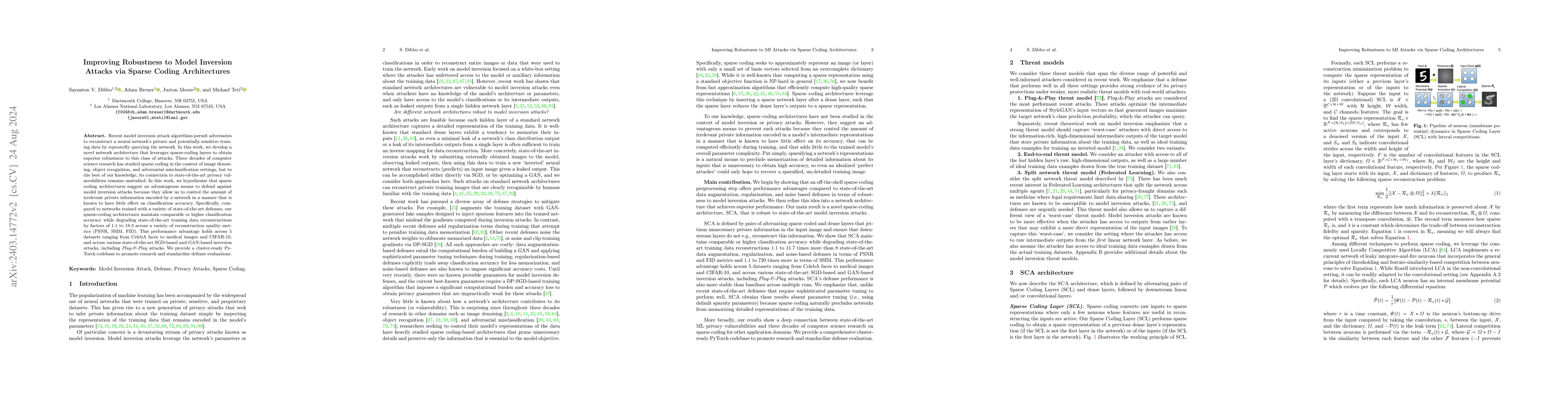Thumbnail for Improving Robustness to Model Inversion Attacks via Sparse Coding
  Architectures