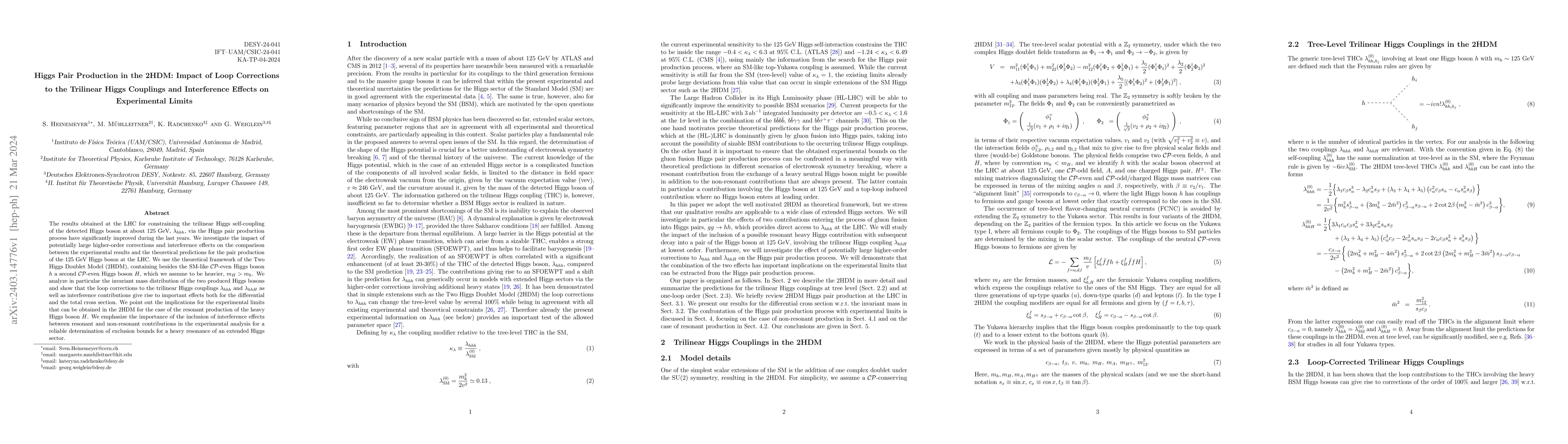 Thumbnail for Higgs Pair Production in the 2HDM: Impact of Loop Corrections to the
  Trilinear Higgs Couplings and Interference Effects on Experimental Limits