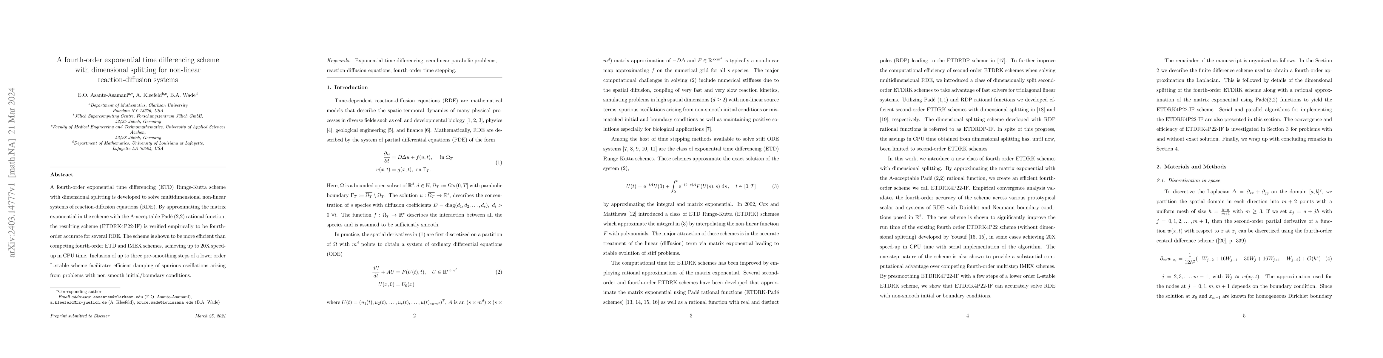 Thumbnail for A fourth-order exponential time differencing scheme with dimensional
  splitting for non-linear reaction-diffusion systems