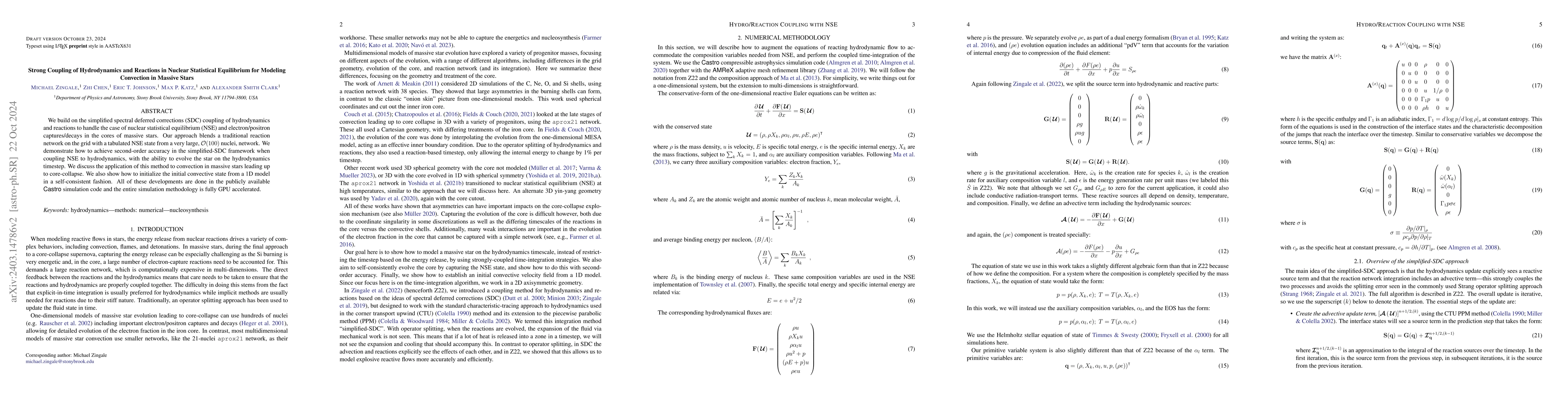 Thumbnail for Strong Coupling of Hydrodynamics and Reactions in Nuclear Statistical
  Equilibrium for Modeling Convection in Massive Stars