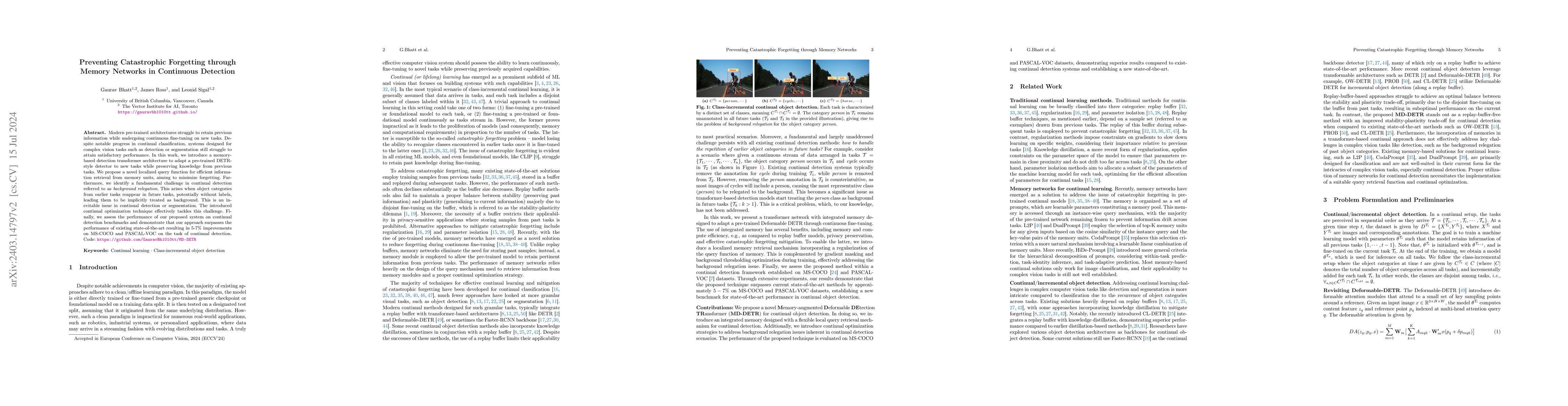 Thumbnail for Preventing Catastrophic Forgetting through Memory Networks in Continuous
  Detection