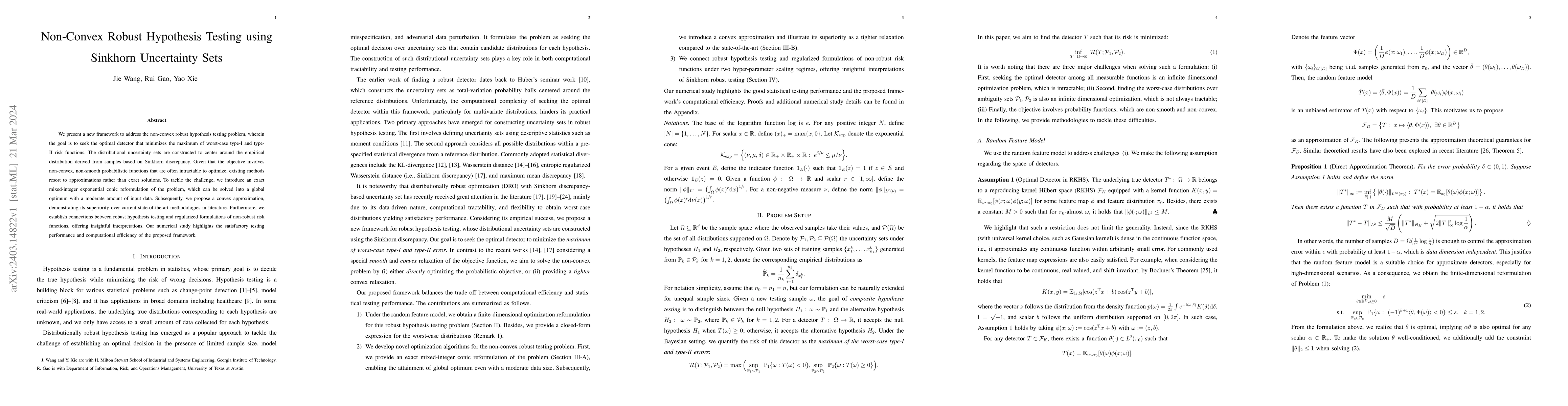 Thumbnail for Non-Convex Robust Hypothesis Testing using Sinkhorn Uncertainty Sets