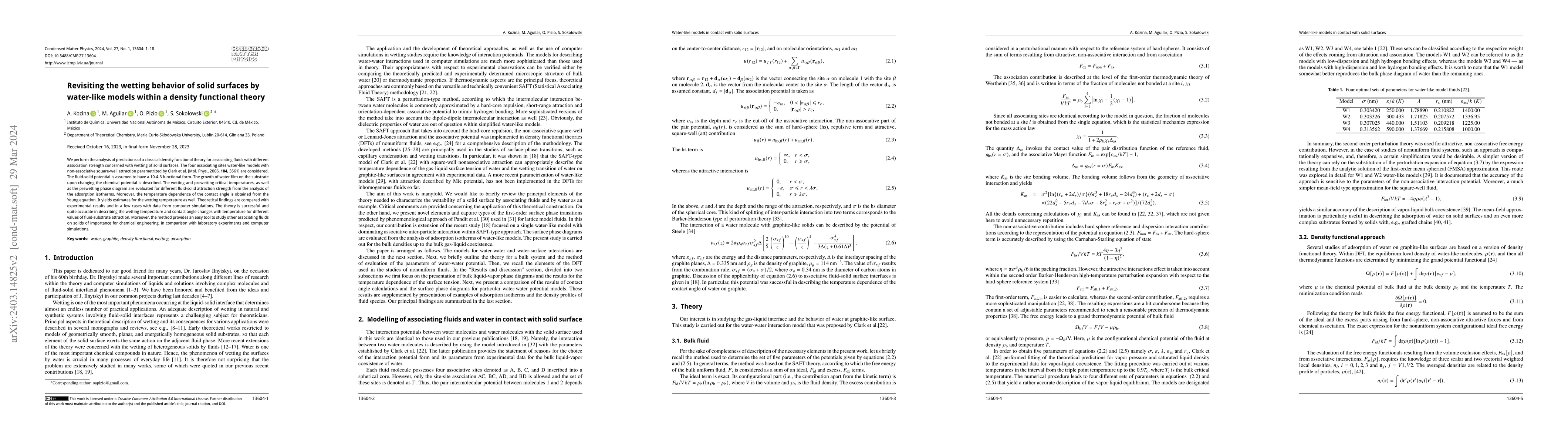Thumbnail for Revisiting the wetting behavior of solid surfaces by water-like models
  within a density functional theory