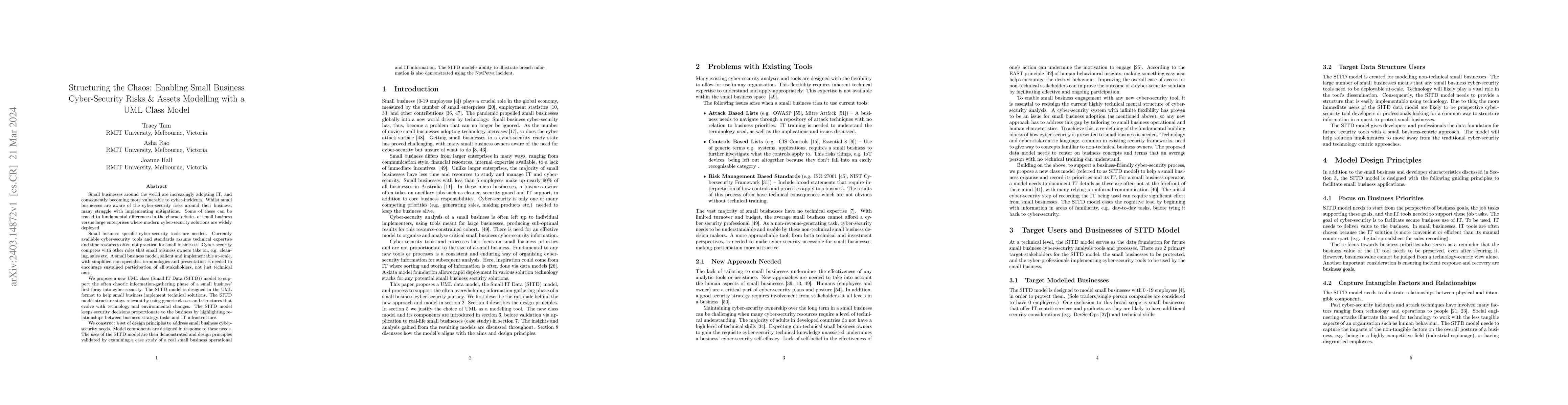 Thumbnail for Structuring the Chaos: Enabling Small Business Cyber-Security Risks &
  Assets Modelling with a UML Class Model