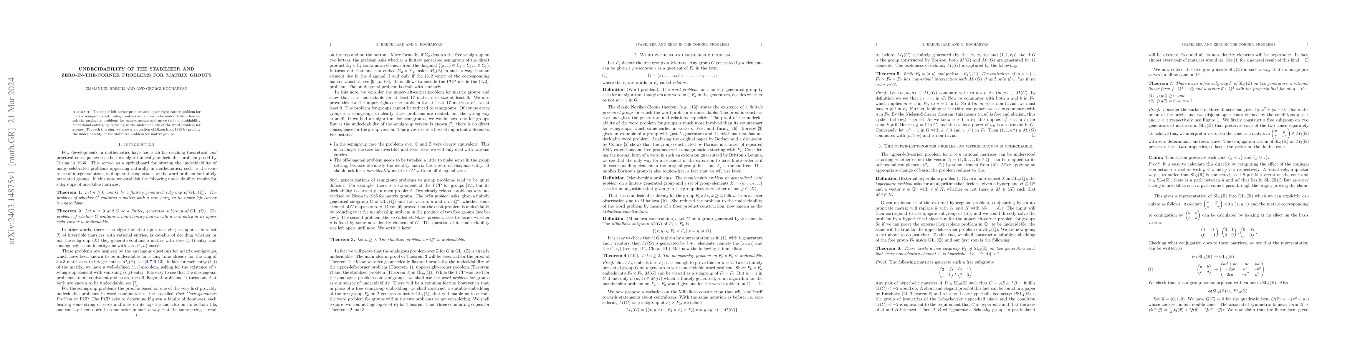 Thumbnail for Undecidability of the stabilizer and zero-in-the-corner problems for
  matrix groups