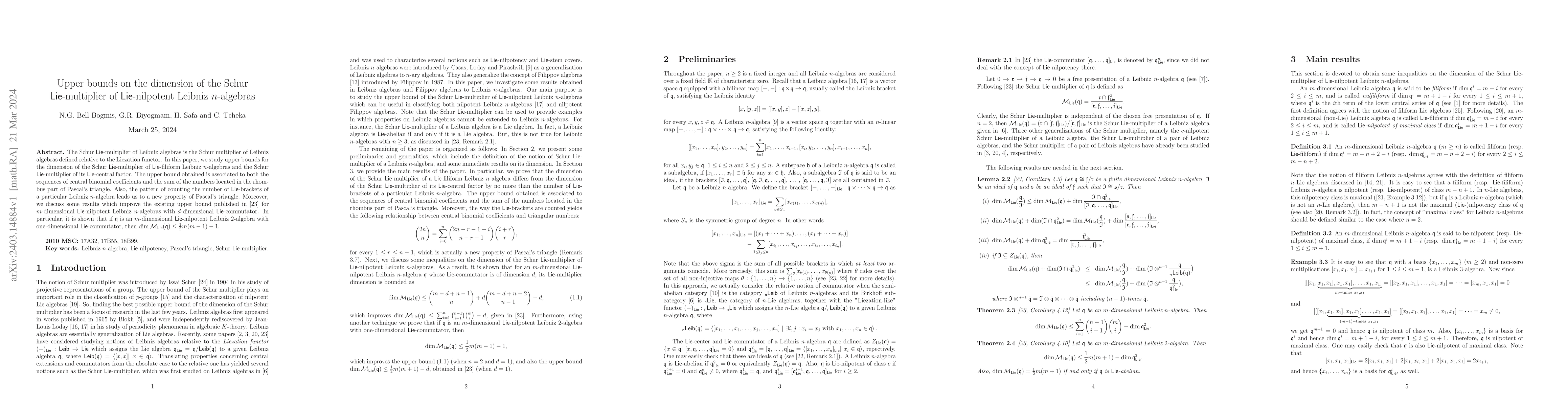 Thumbnail for Upper bounds on the dimension of the Schur $\mathsf{Lie}$-multiplier of
  $\mathsf{Lie}$-nilpotent Leibniz $n$-algebras
