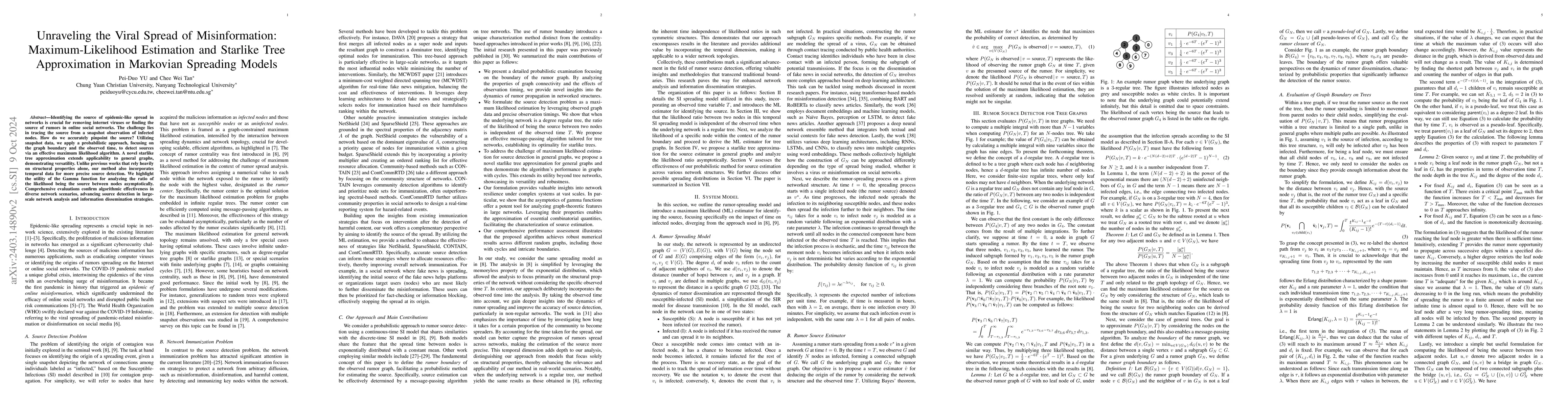 Thumbnail for Unraveling Contagion Origins: Optimal Estimation through
  Maximum-Likelihood and Starlike Tree Approximation in Markovian Spreading
  Models