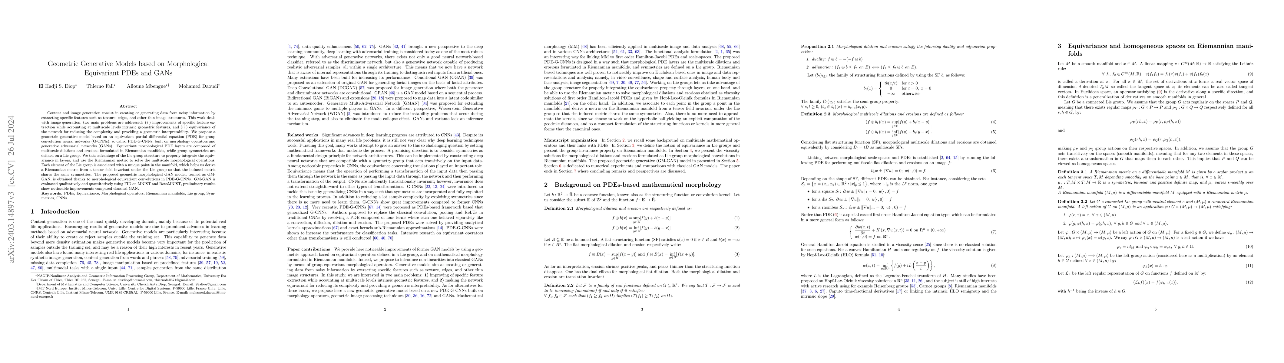 Thumbnail for Geometric Generative Models based on Morphological Equivariant PDEs and
  GANs