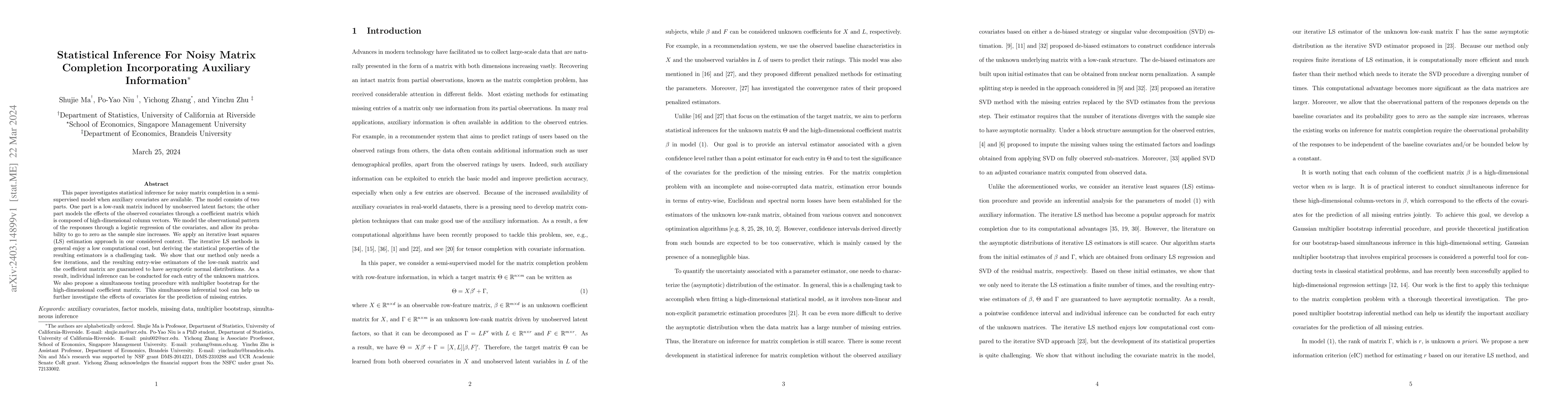 Thumbnail for Statistical Inference For Noisy Matrix Completion Incorporating
  Auxiliary Information