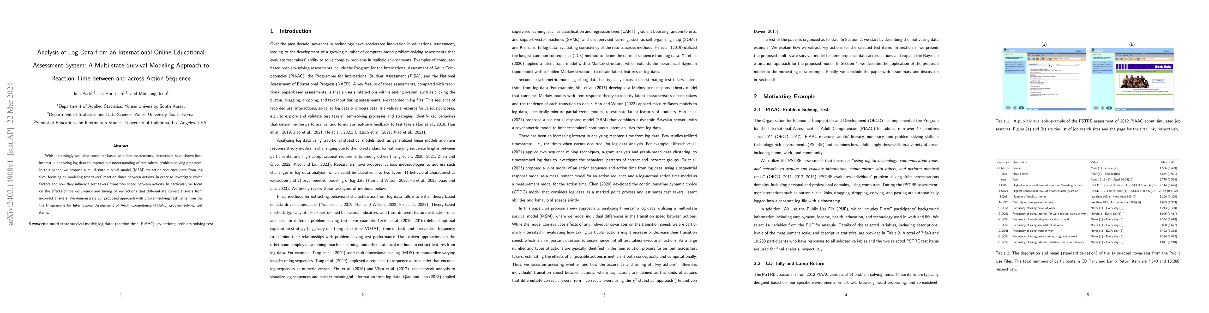 Thumbnail for Analysis of Log Data from an International Online Educational Assessment
  System: A Multi-state Survival Modeling Approach to Reaction Time between and
  across Action Sequence