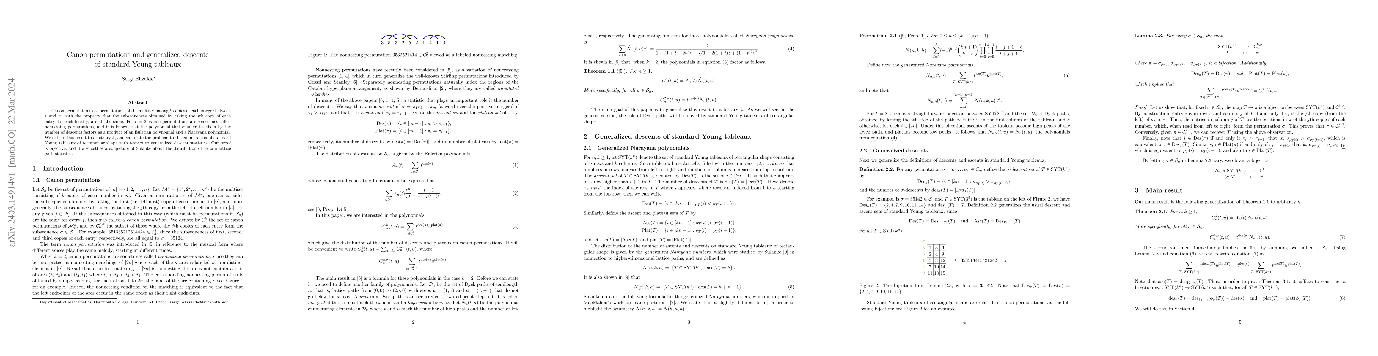 Thumbnail for Canon permutations and generalized descents of standard Young tableaux