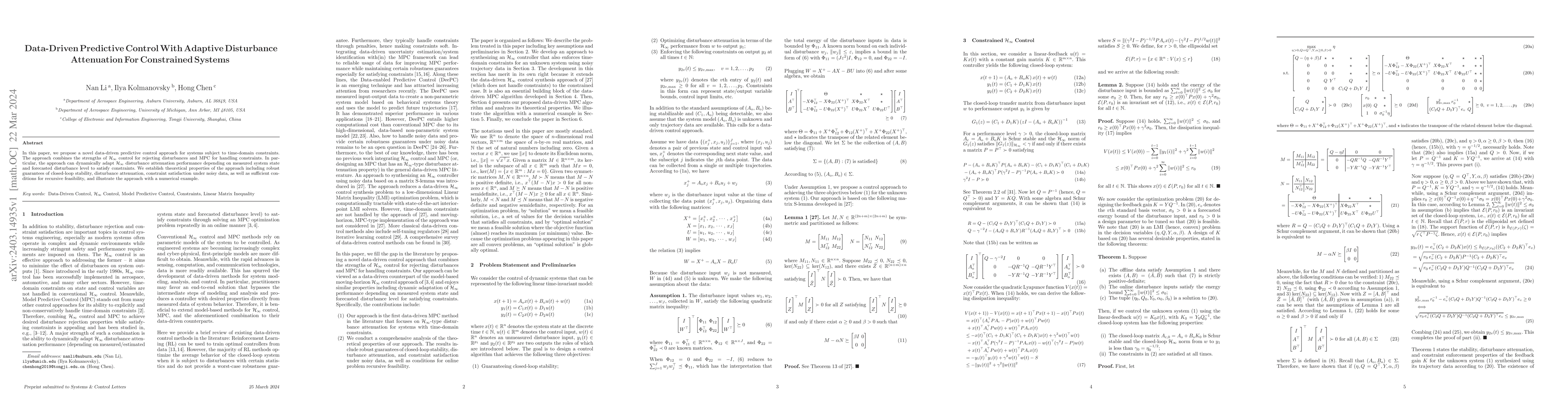 Thumbnail for Data-Driven Predictive Control with Adaptive Disturbance Attenuation for
  Constrained Systems