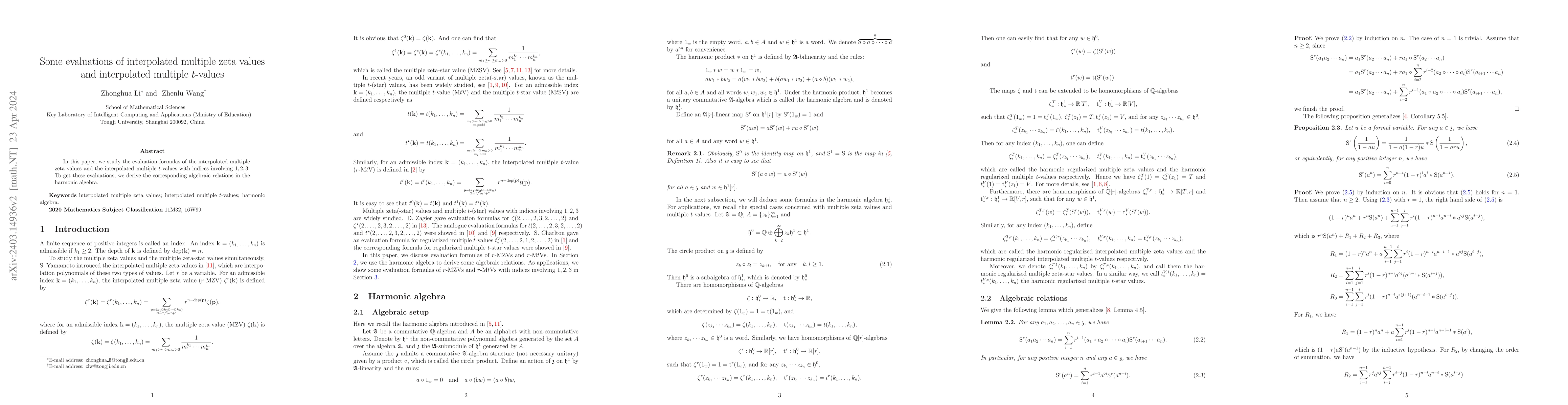 Thumbnail for Some evaluations of interpolated multiple zeta values and interpolated
  multiple $t$-values