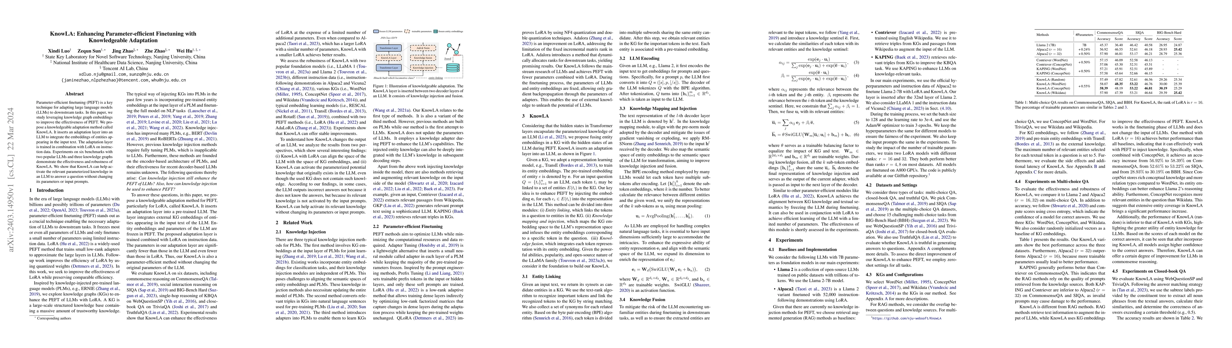 Thumbnail for KnowLA: Enhancing Parameter-efficient Finetuning with Knowledgeable
  Adaptation