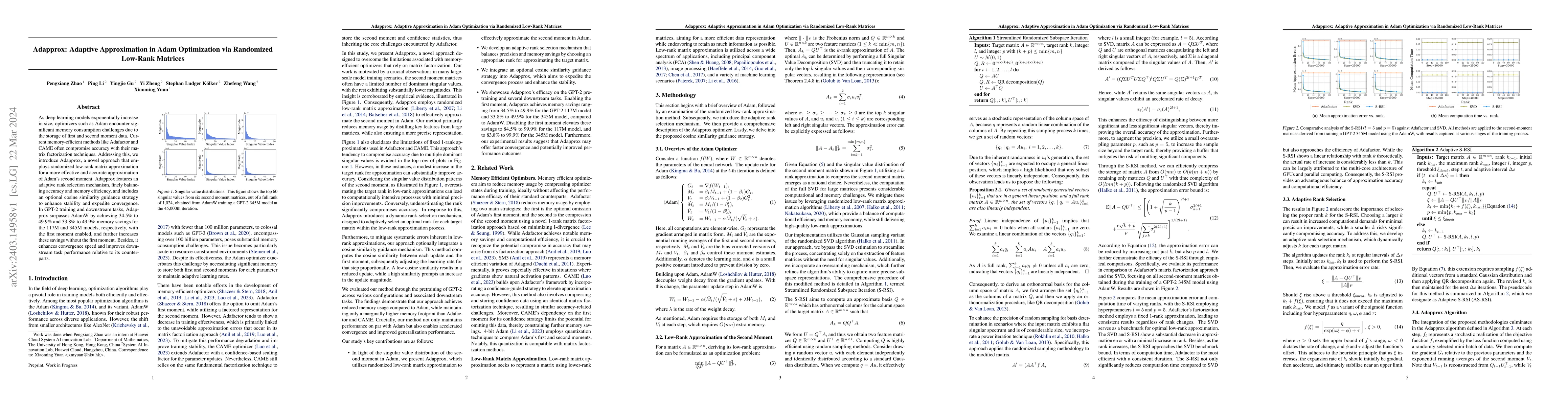 Thumbnail for Adapprox: Adaptive Approximation in Adam Optimization via Randomized
  Low-Rank Matrices