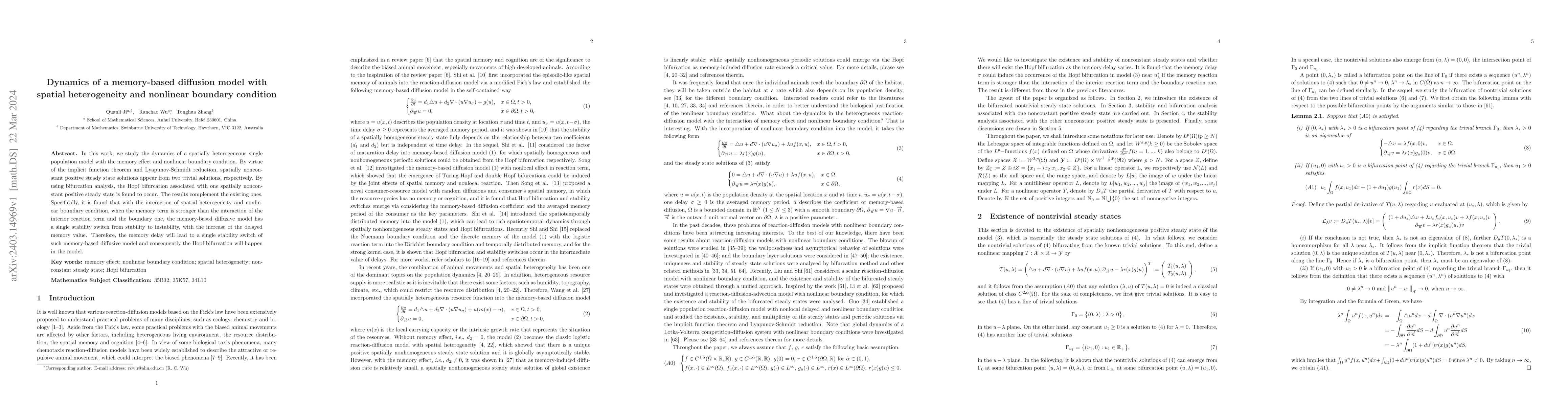 Thumbnail for Dynamics of a memory-based diffusion model with spatial heterogeneity
  and nonlinear boundary condition