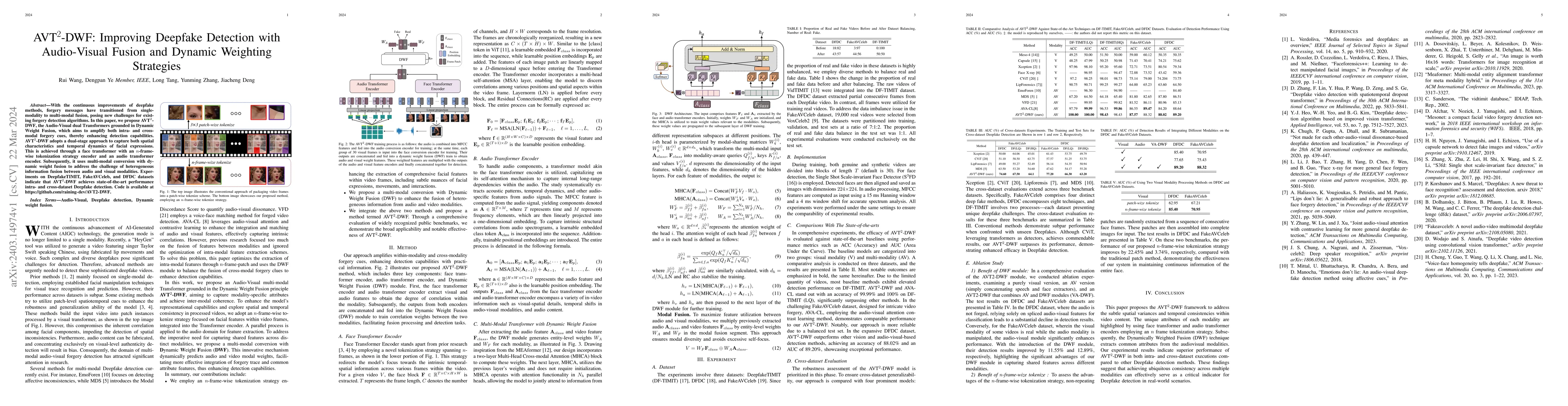 Thumbnail for AVT2-DWF: Improving Deepfake Detection with Audio-Visual Fusion and
  Dynamic Weighting Strategies