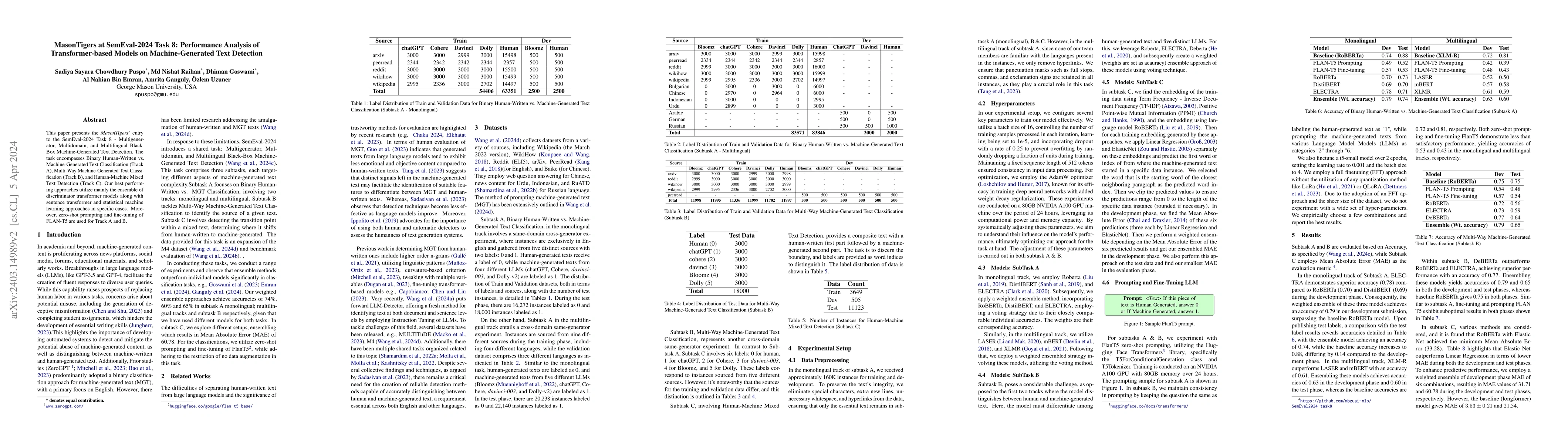 Thumbnail for MasonTigers at SemEval-2024 Task 8: Performance Analysis of
  Transformer-based Models on Machine-Generated Text Detection
