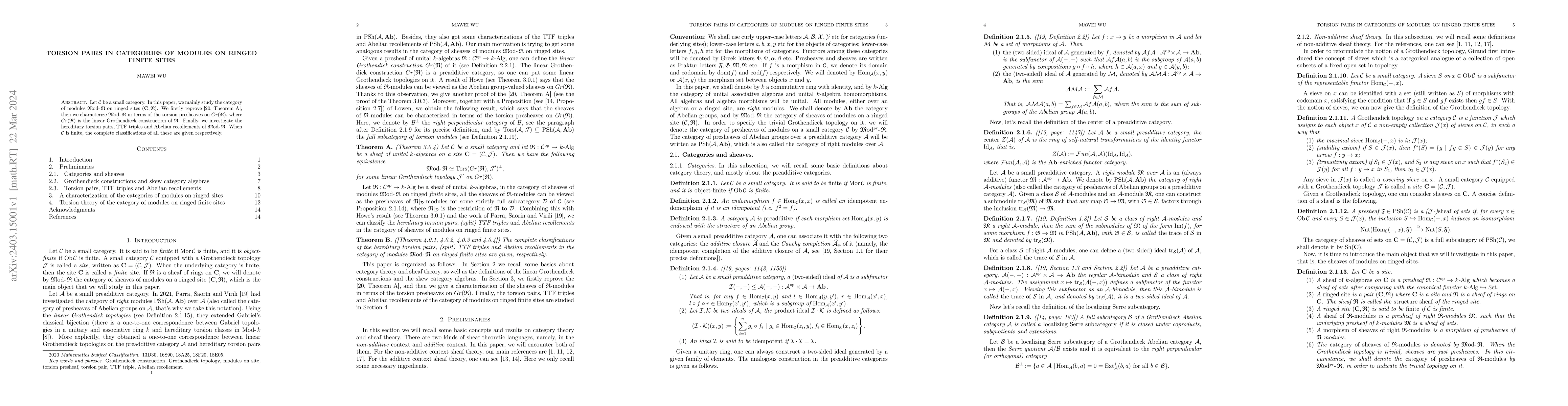 Thumbnail for Torsion Pairs in Categories of Modules on Ringed Finite Sites