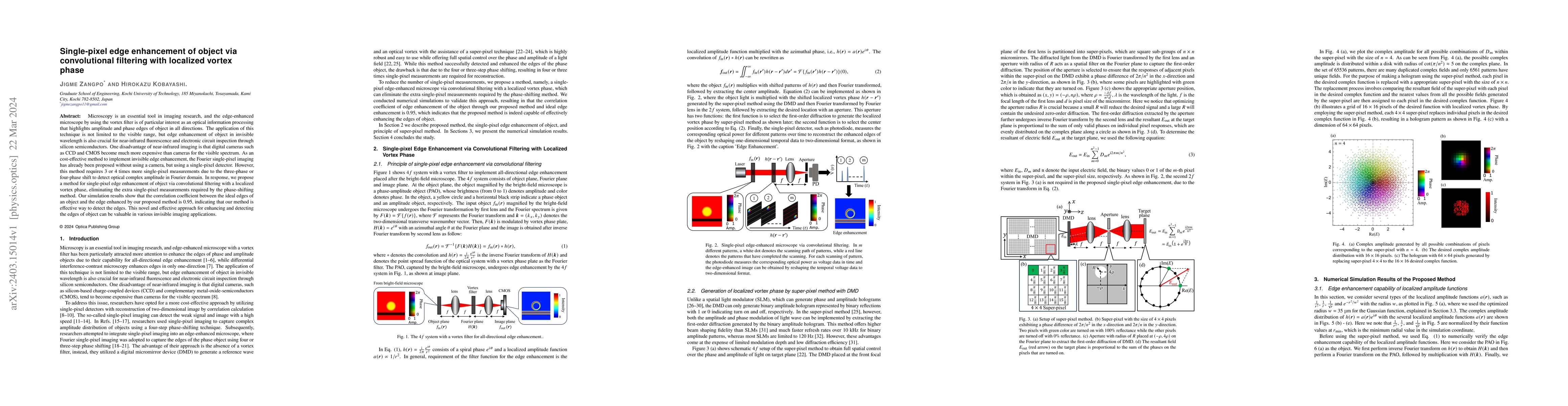 Thumbnail for Single-pixel edge enhancement of object via convolutional filtering with
  localized vortex phase