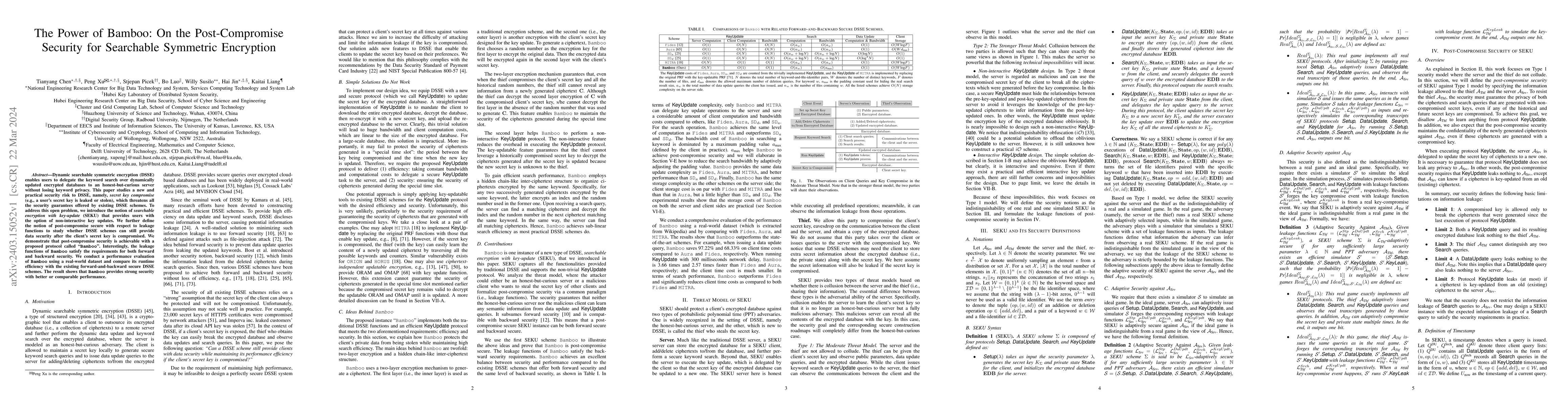 Thumbnail for The Power of Bamboo: On the Post-Compromise Security for Searchable
  Symmetric Encryption