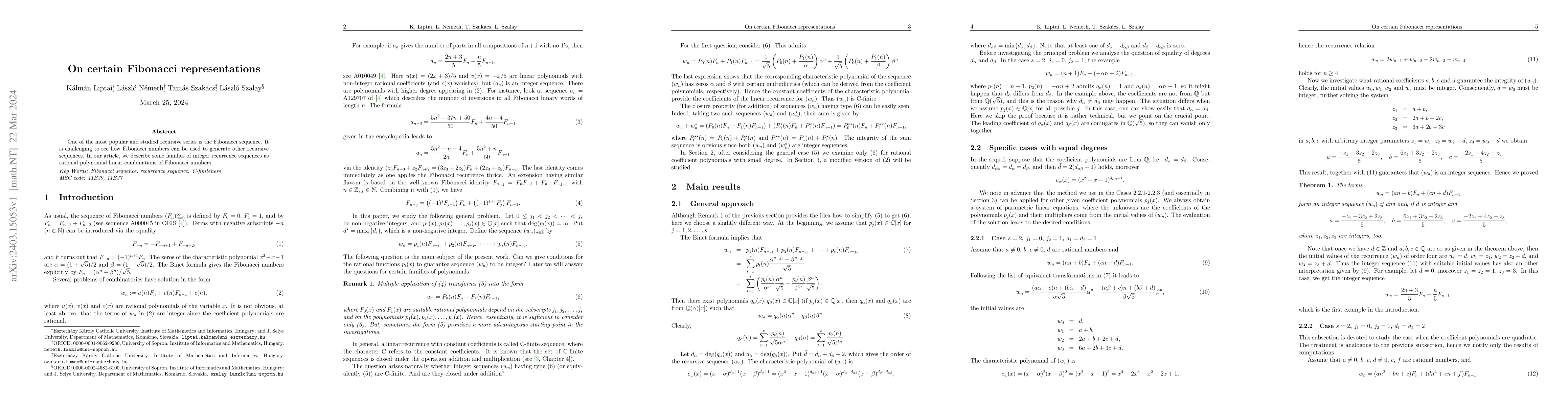 Thumbnail for On certain Fibonacci representations