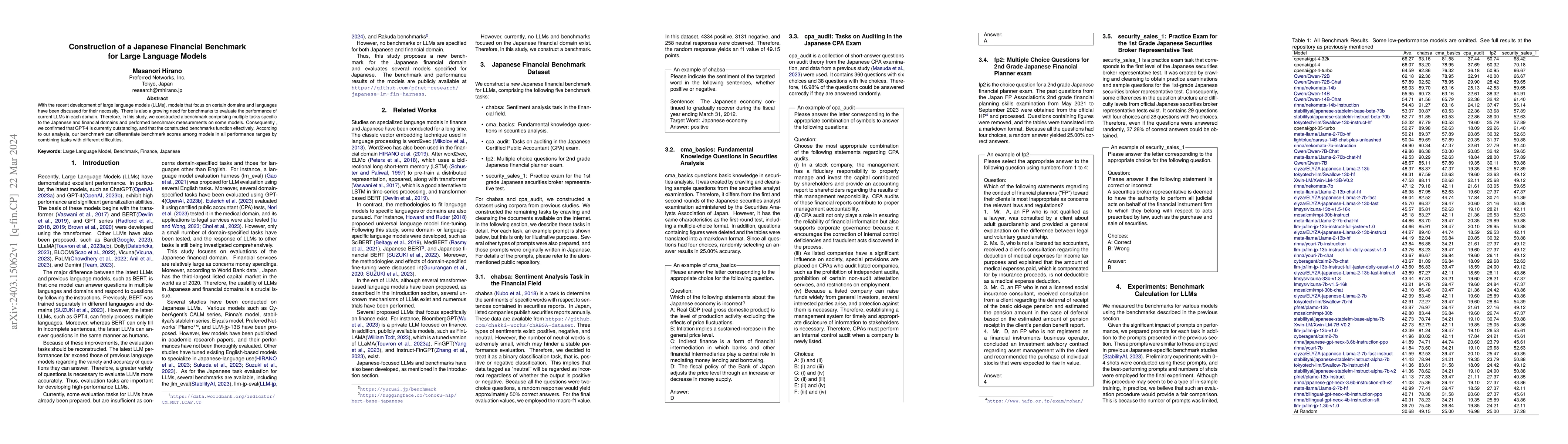 Thumbnail for Construction of a Japanese Financial Benchmark for Large Language Models